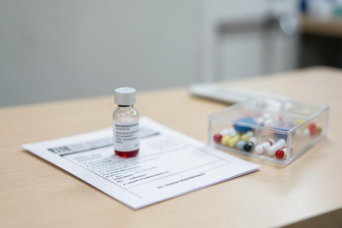 A blood sample vial and a laboratory request form on a clinic desk