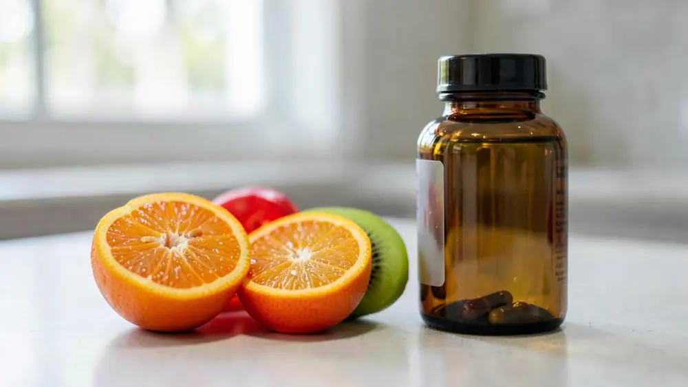 Sliced oranges and kiwi beside an amber supplement bottle on a kitchen counter Sliced oranges and kiwi beside an amber supplement bottle on a kitchen counter