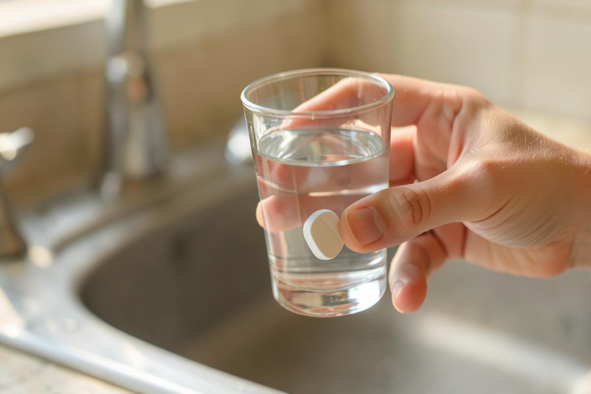 A hand holding a glass of water and a single effervescent vitamin tablet