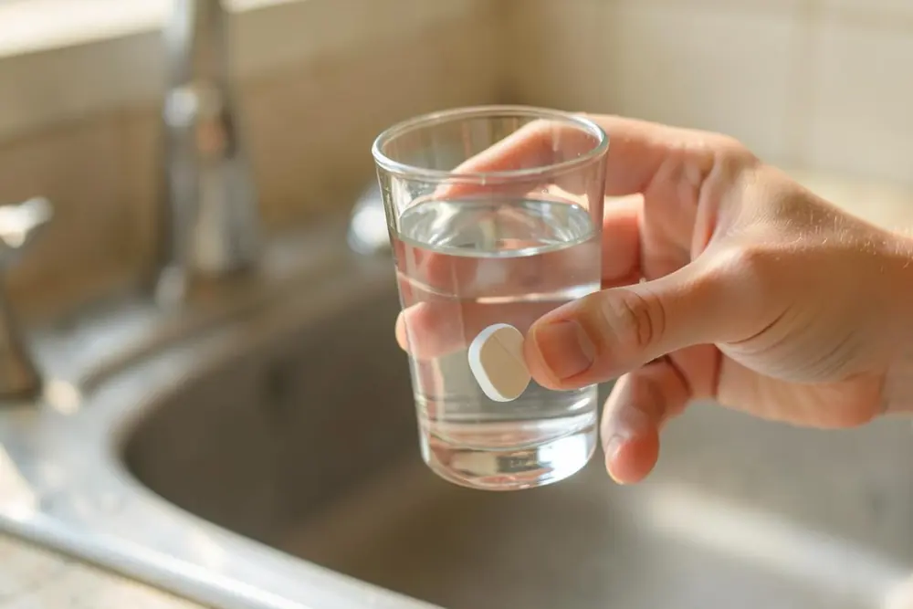 A hand holding a glass of water and a single effervescent vitamin tablet A hand holding a glass of water and a single effervescent vitamin tablet