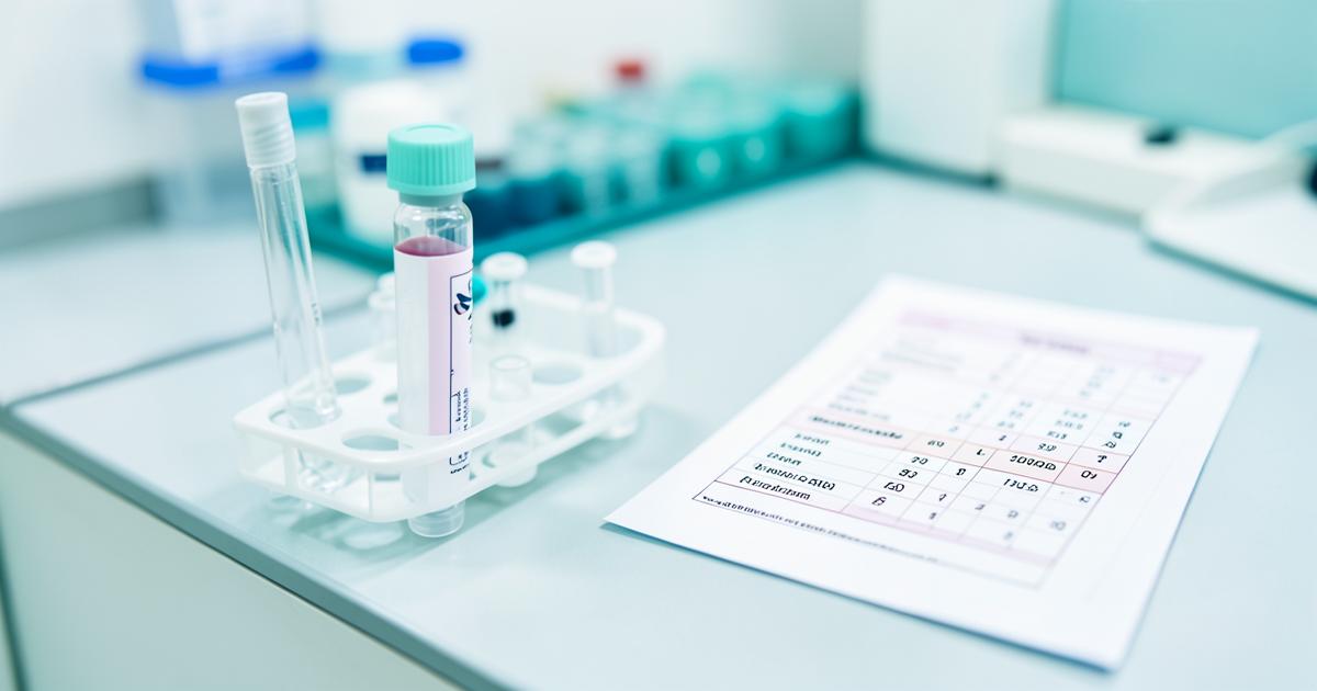 A blood sample tube in a rack beside a printed lab results sheet
