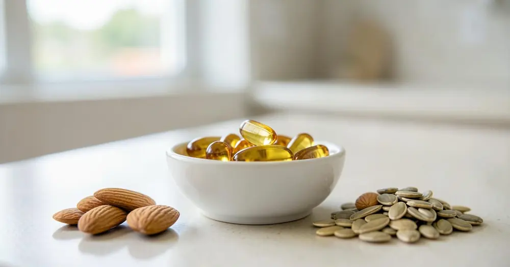 Amber vitamin E softgel capsules in a white ceramic dish beside almonds and sunflower seeds Amber vitamin E softgel capsules in a white ceramic dish beside almonds and sunflower seeds