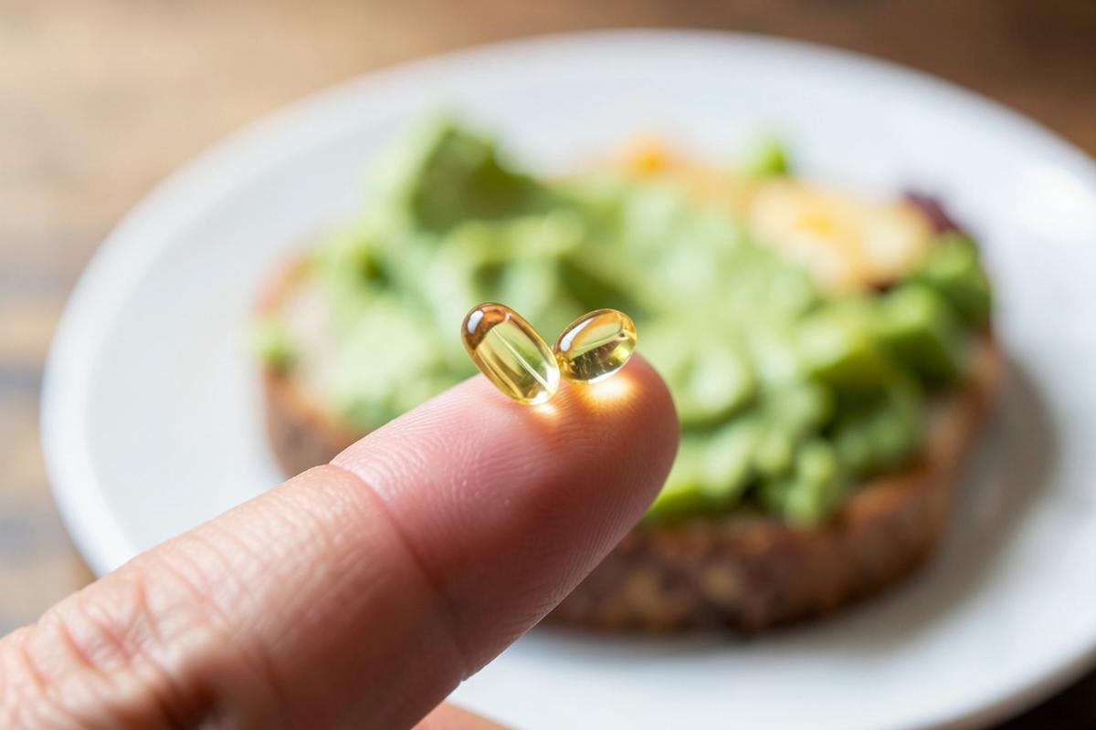 Two golden softgel capsules balanced on a fingertip above a plate of avocado toast