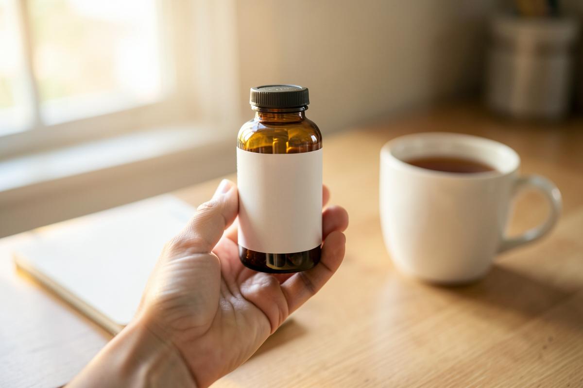 A hand holding a supplement bottle turned to show its nutrition panel