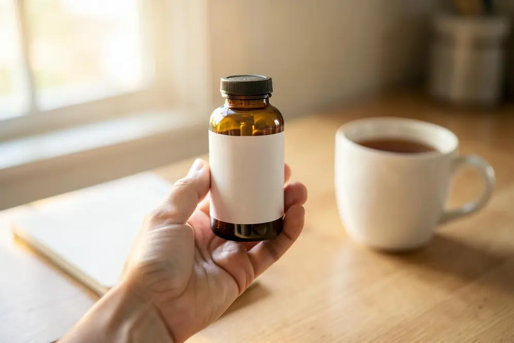 A hand holding a supplement bottle turned to show its nutrition panel