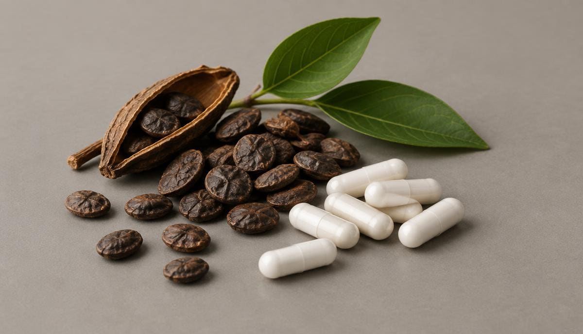 DoseRoutine 5-HTP White capsules beside dried griffonia seeds on a warm grey surface