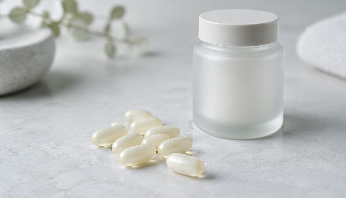 DoseRoutine 7-Keto DHEA White capsules in a glass dish on a pale clinical surface