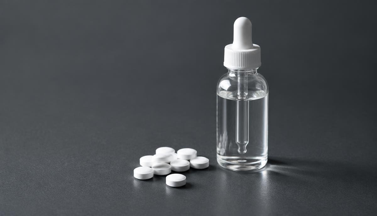DoseRoutine ACP-105 Pale research capsules in a small glass dish on a matte grey bench