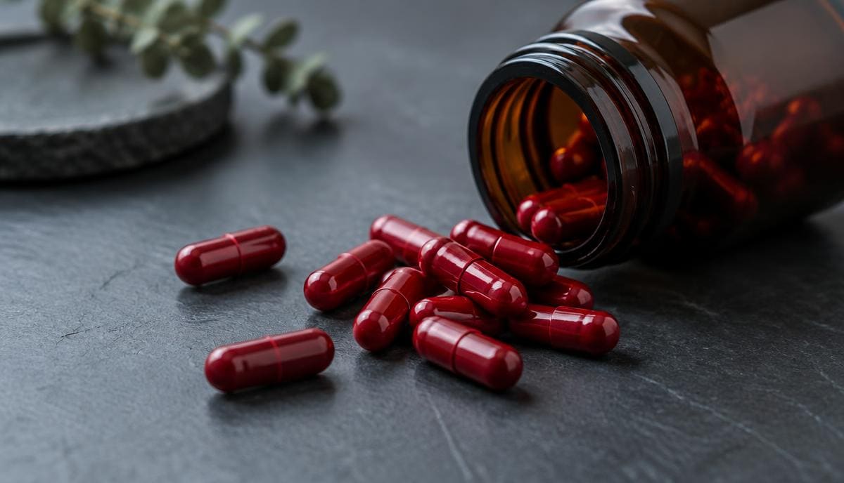 DoseRoutine Adenosylcobalamin Deep red adenosylcobalamin tablets in a small glass dish