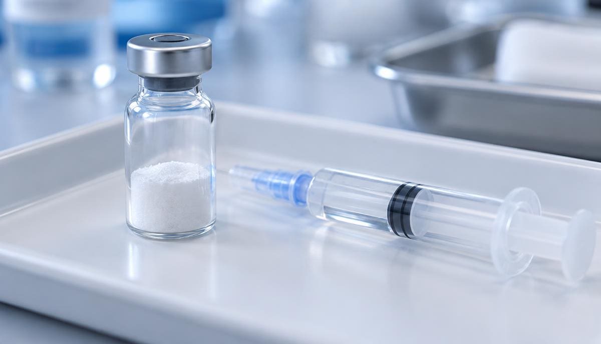 DoseRoutine Albiglutide Albiglutide powder vial and diluent syringe laid out on a clinical tray