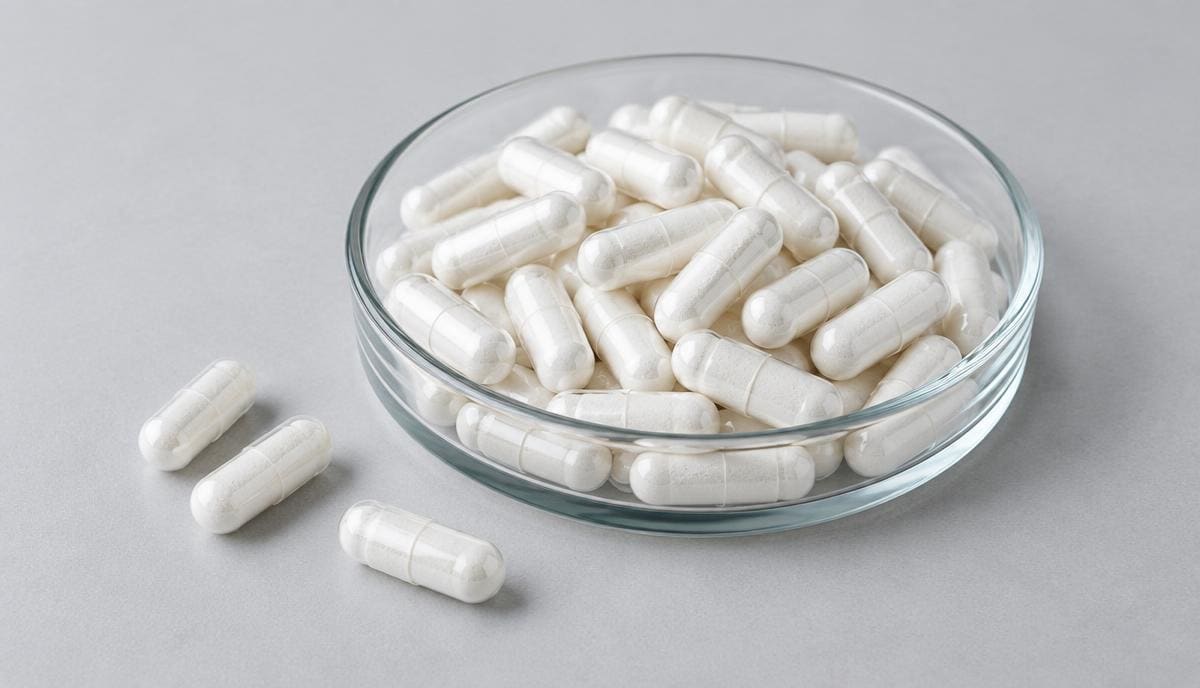 DoseRoutine Alpha-GPC Clear capsules of white powder in a glass dish on light grey