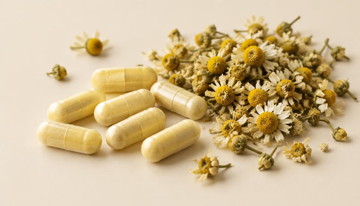 DoseRoutine Apigenin Pale yellow capsules beside dried chamomile flowers on cream