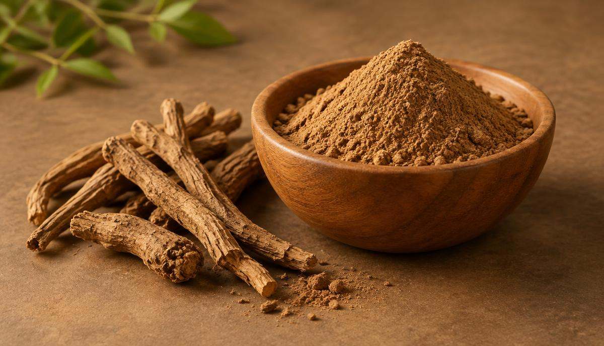 DoseRoutine Ashwagandha Tan root powder in a bowl beside herbal capsules on a warm surface