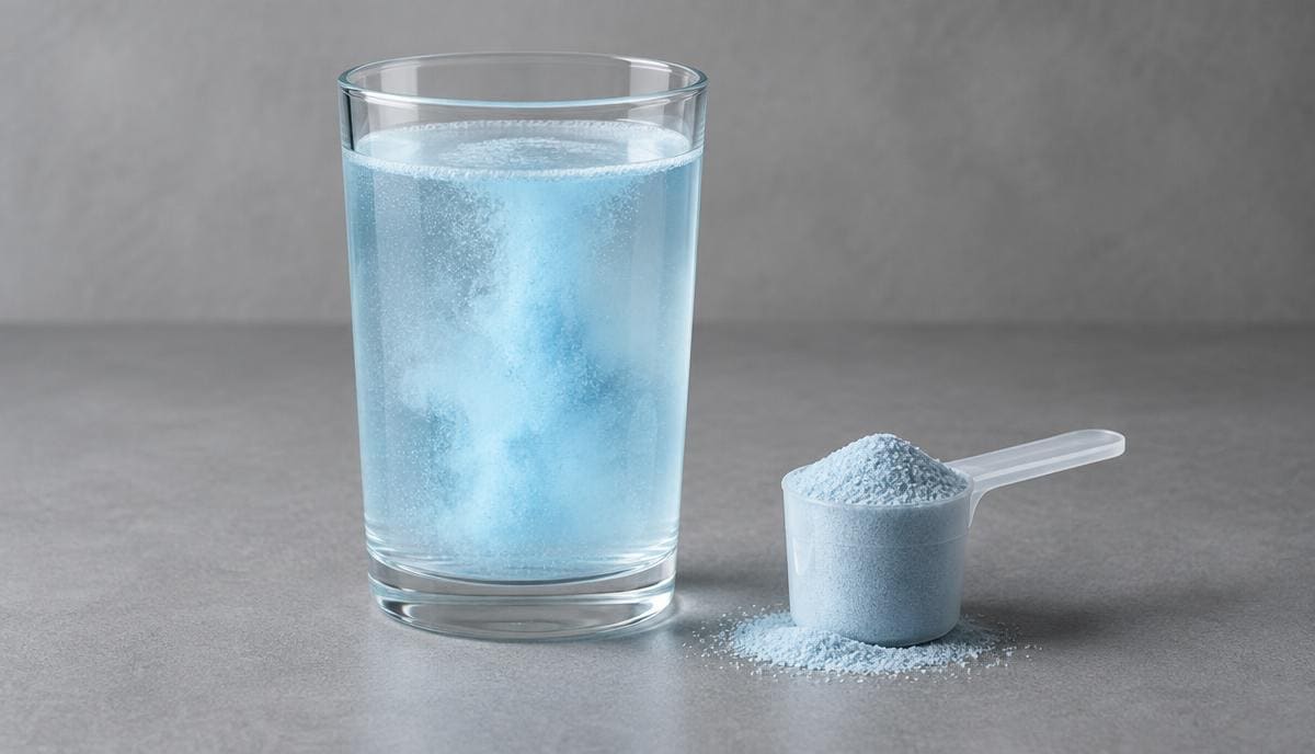 DoseRoutine BCAAs Fine amino acid powder in a scoop beside a glass dish on grey