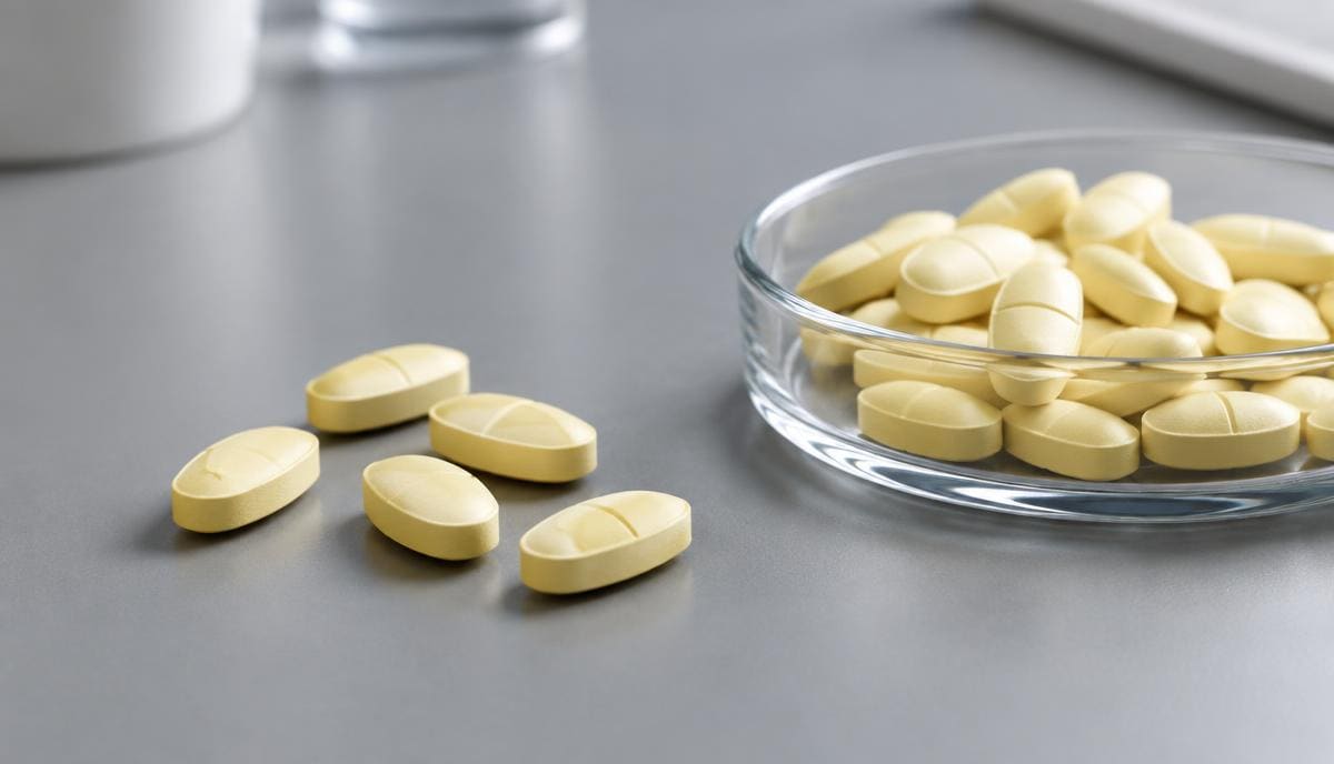 DoseRoutine Benfotiamine Pale benfotiamine capsules arranged on a matte warm grey surface