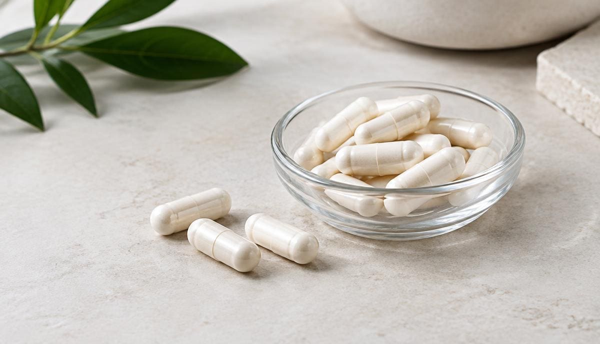 DoseRoutine Beta-Sitosterol Off-white capsules beside plant sterol powder in a dish