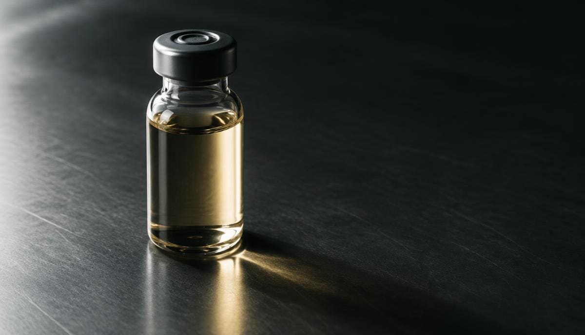 DoseRoutine Boldenone Undecylenate Glass vial of pale oil solution on a matte graphite surface