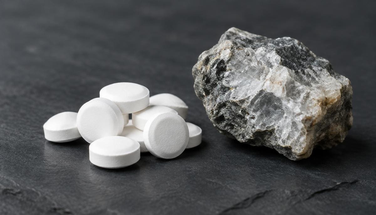 DoseRoutine Boron White boron tablets beside a raw boron mineral fragment on dark stone