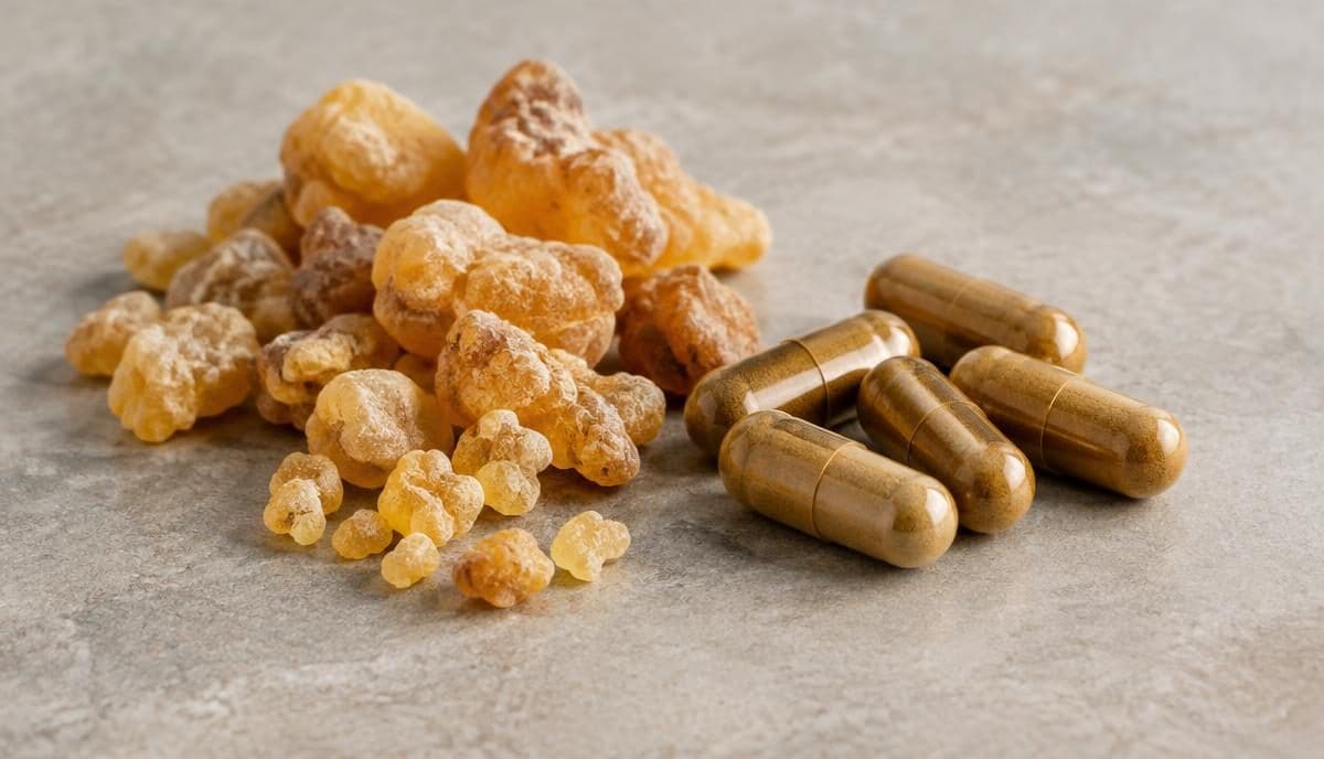DoseRoutine Boswellia Serrata Amber boswellia resin pieces beside tan herbal capsules