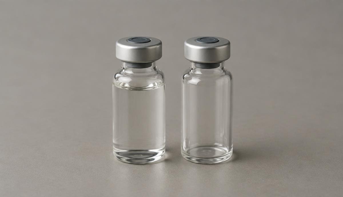 DoseRoutine BPC-157 Arginate Two research vials of white peptide powder on a steel tray