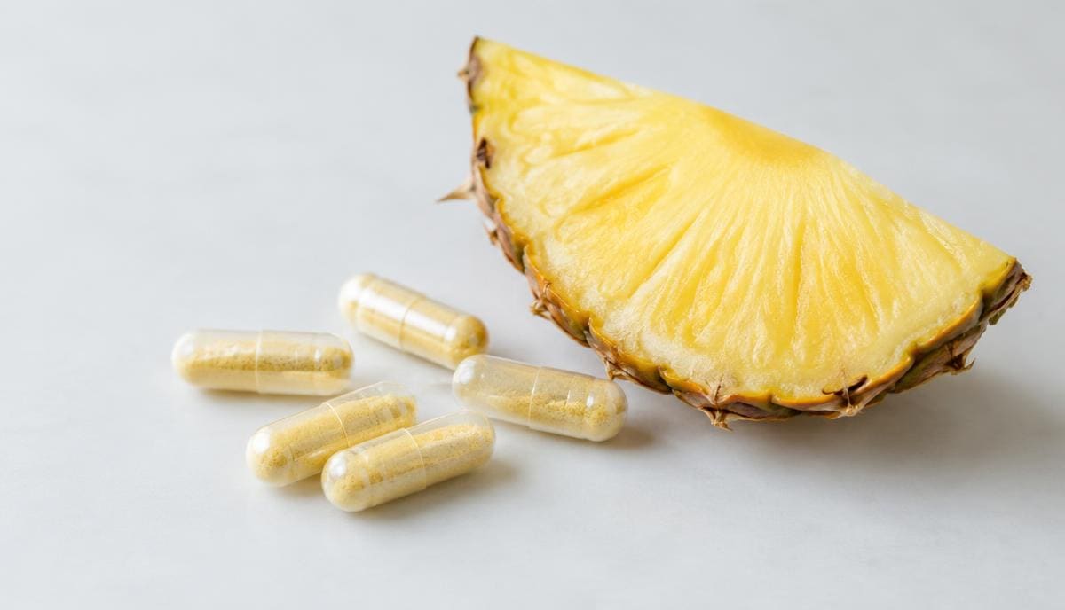 DoseRoutine Bromelain Fresh pineapple slices beside pale enzyme capsules