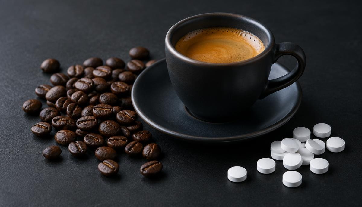 DoseRoutine Caffeine White tablets beside roasted coffee beans on a dark surface