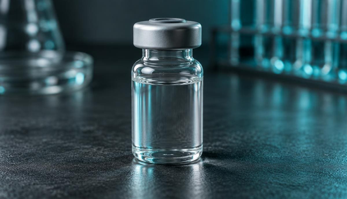 DoseRoutine Cagrilintide Sterile cagrilintide vial of clear solution under teal laboratory light
