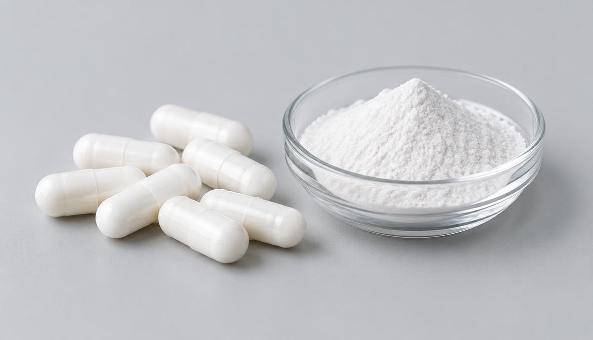 DoseRoutine Calcium D-Glucarate White tablets in a glass dish on a pale surface