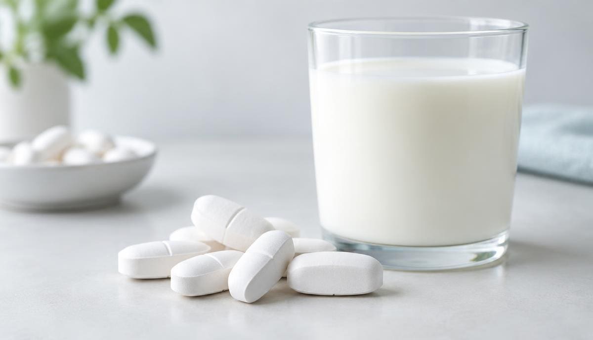 DoseRoutine Calcium Large white calcium tablets beside a glass of milk