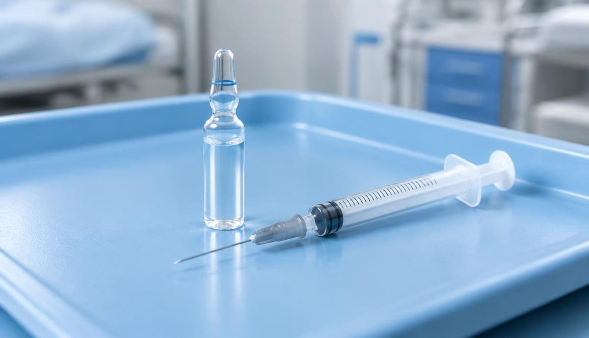 DoseRoutine Carbetocin Clear glass ampoule of sterile solution on a white clinical tray
