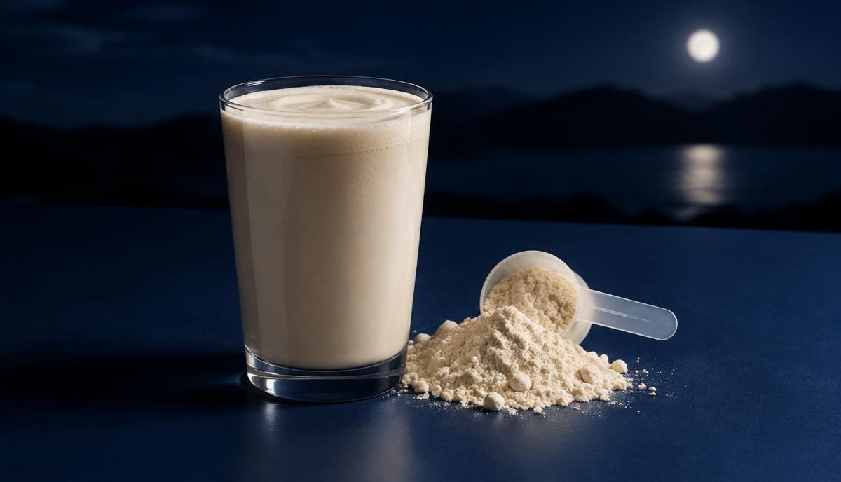 DoseRoutine Casein Protein Creamy protein powder in a scoop beside a glass of milk