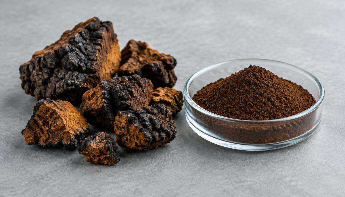 DoseRoutine Chaga Mushroom Dark chaga mushroom chunks beside brown extract capsules