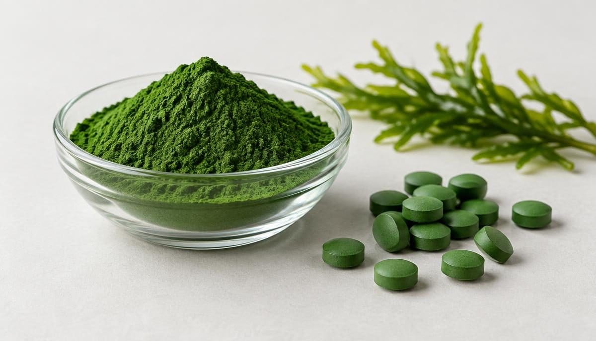 DoseRoutine Chlorella Vivid green algae powder in a glass dish beside pressed tablets