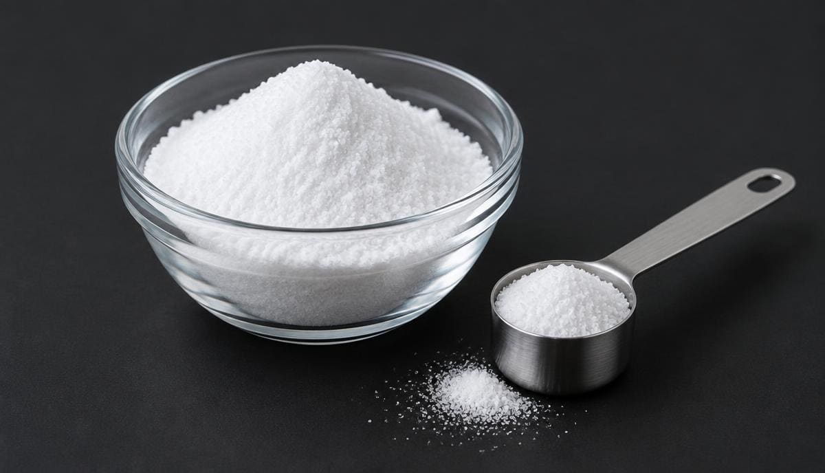 DoseRoutine Choline Bitartrate White choline bitartrate powder in a glass dish beside a measuring spoon