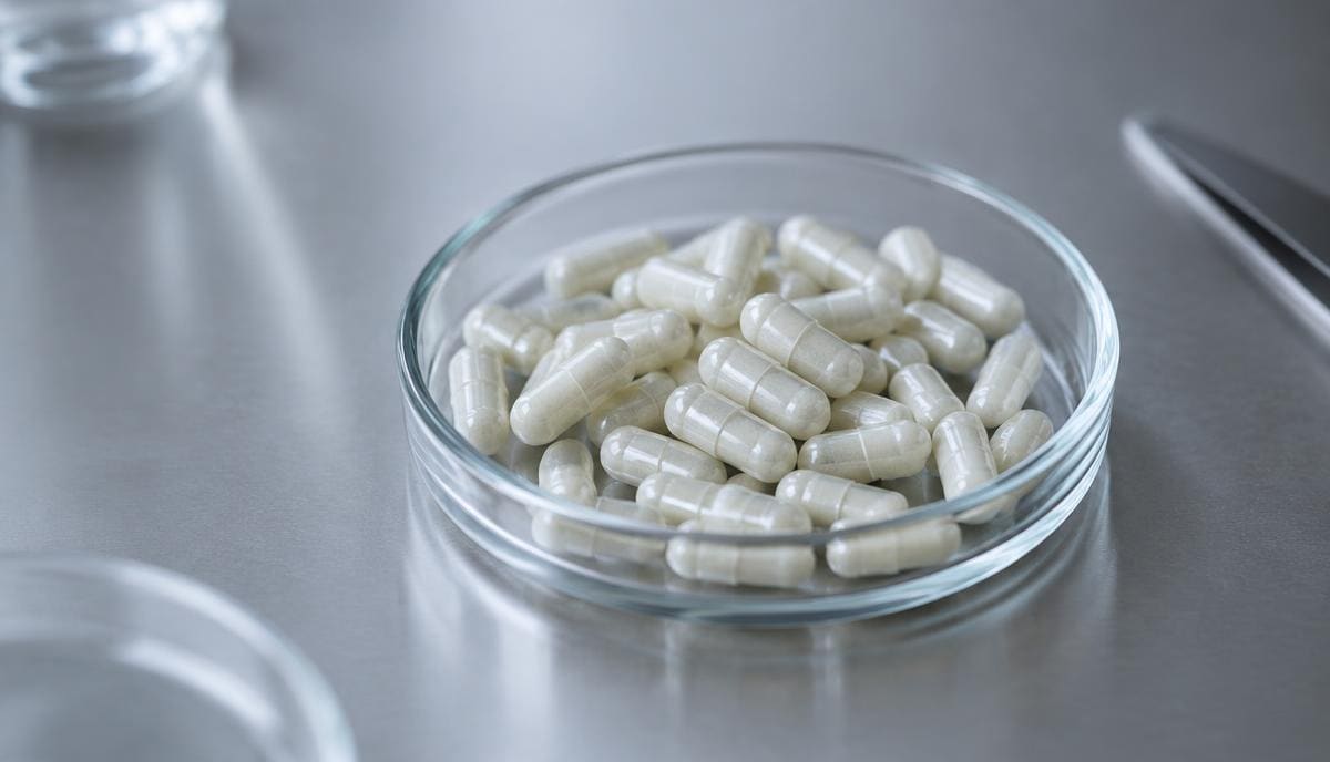 DoseRoutine Chromium Picolinate Pale chromium picolinate capsules in a glass dish on a steel bench