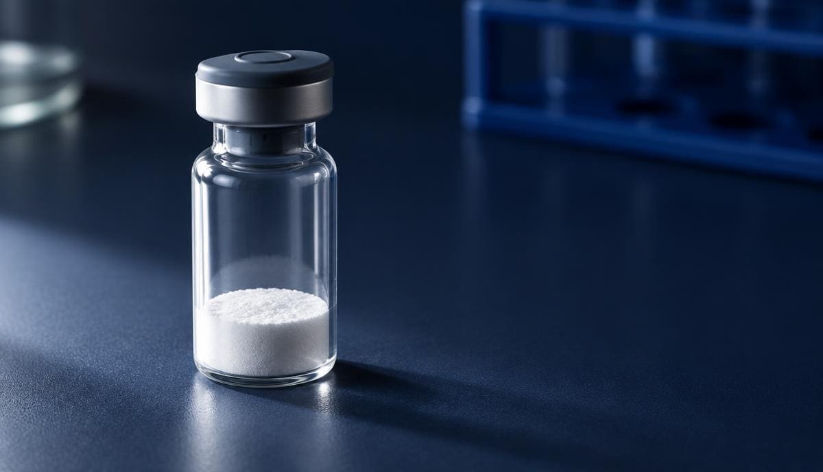 DoseRoutine CJC-1295 Lyophilized peptide vial beside an insulin syringe on a grey bench
