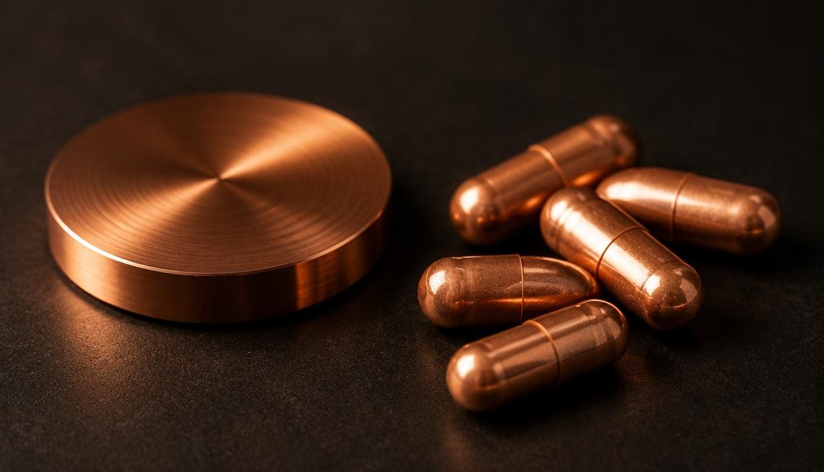 DoseRoutine Copper Copper supplement capsules beside a polished copper disc