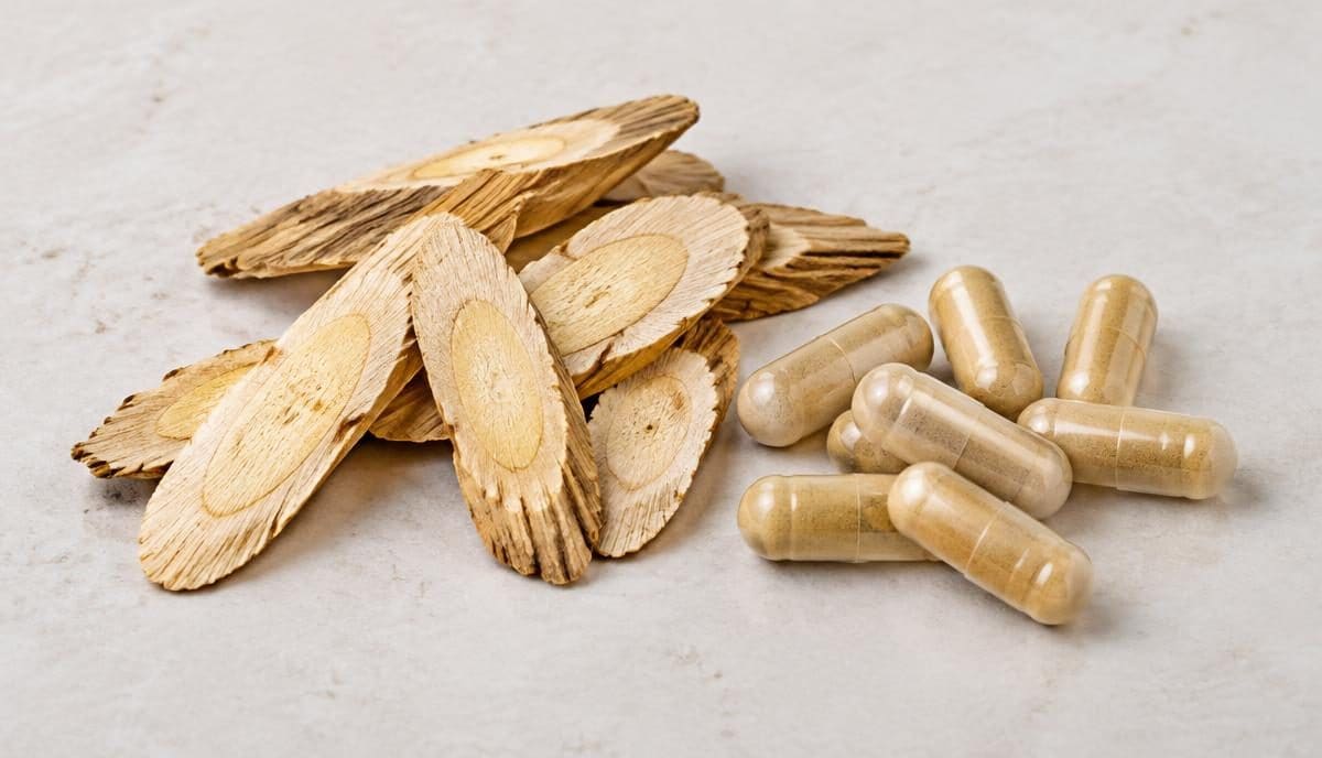 DoseRoutine Cycloastragenol Dried astragalus root beside small white capsules