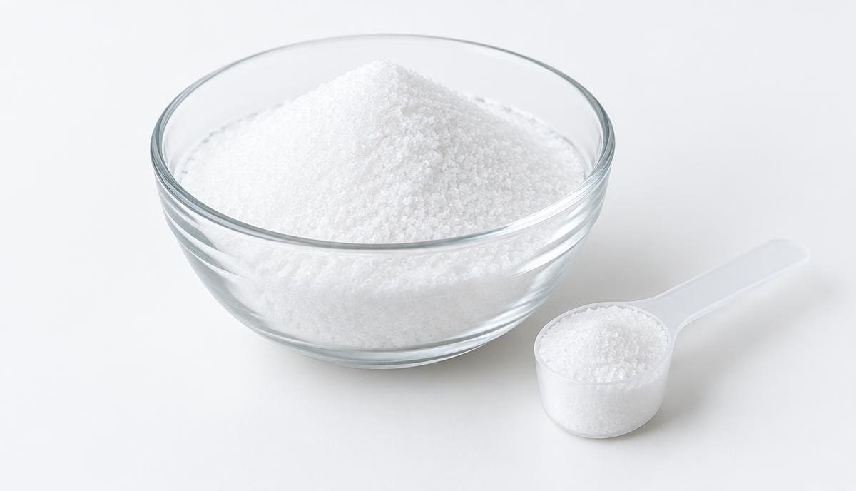 DoseRoutine D-Chiro-Inositol Fine white powder in a glass dish beside a steel scoop
