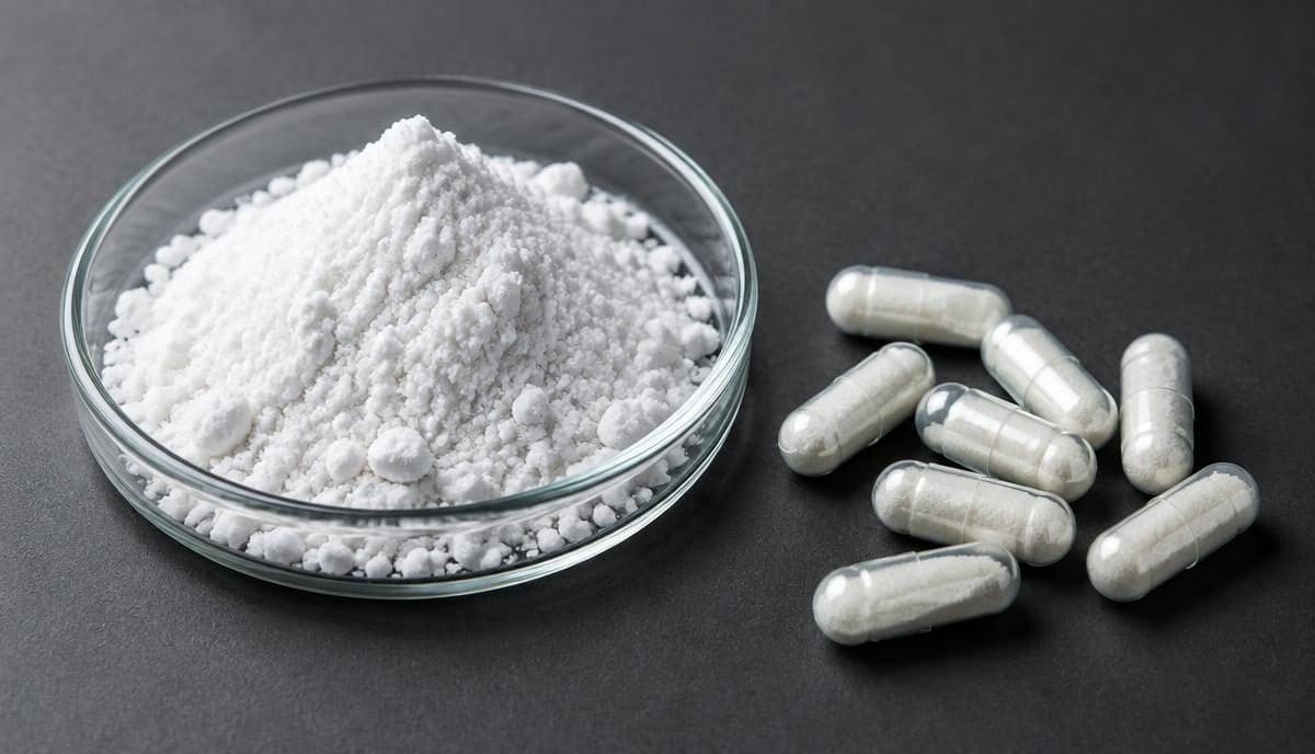DoseRoutine DAA White amino acid powder in a glass dish beside white capsules