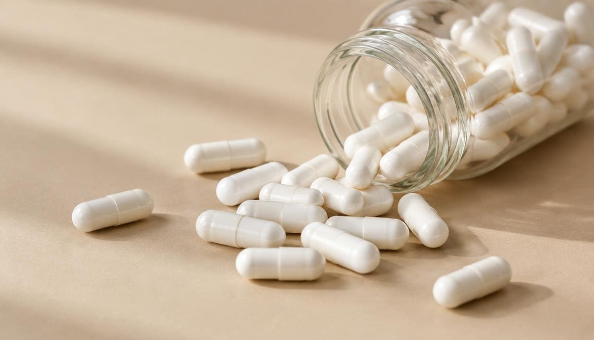 DoseRoutine DHEA White capsules spilling from a clear glass supplement jar