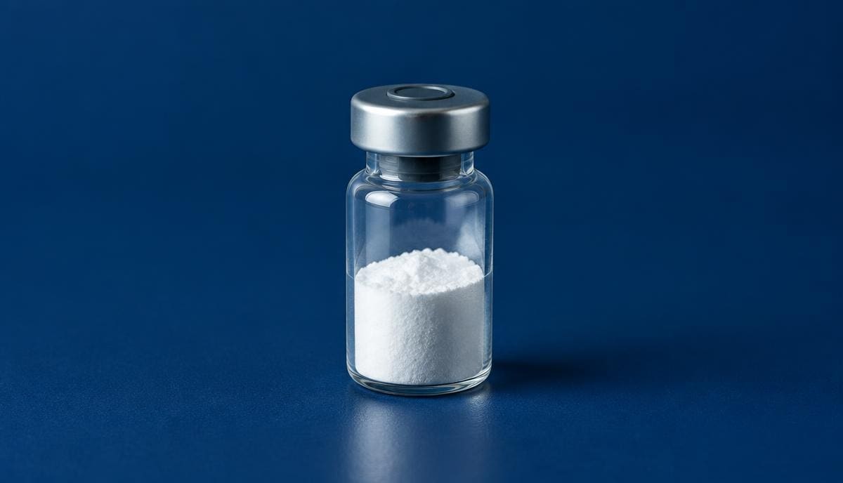 DoseRoutine Dihexa Sealed research vial of white powder on a cool grey laboratory bench