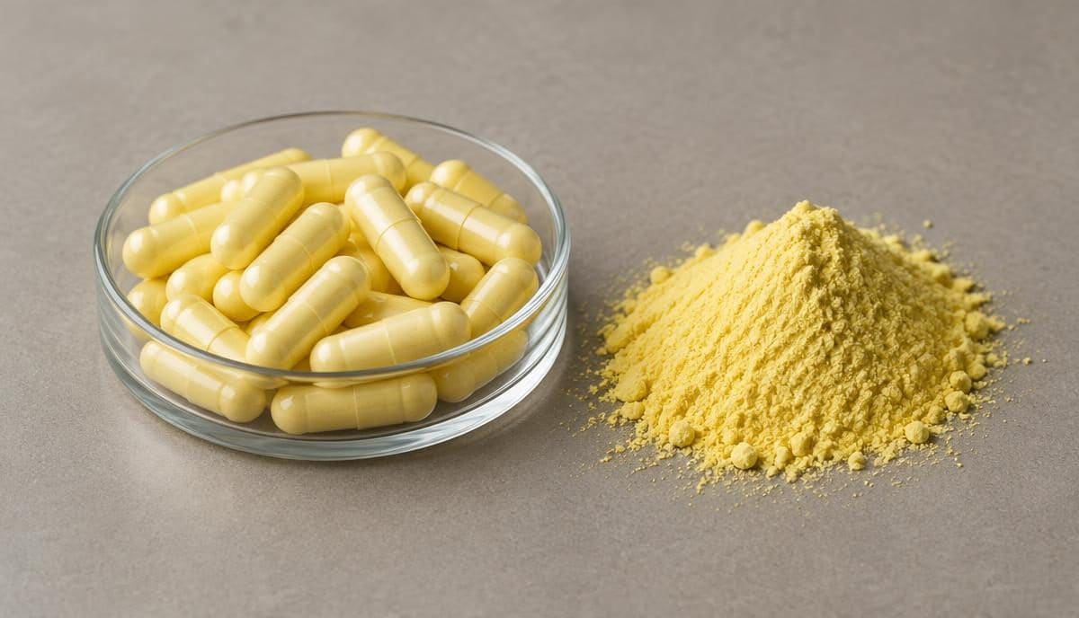 DoseRoutine Dihydroberberine Pale yellow capsules in a glass dish beside yellow powder