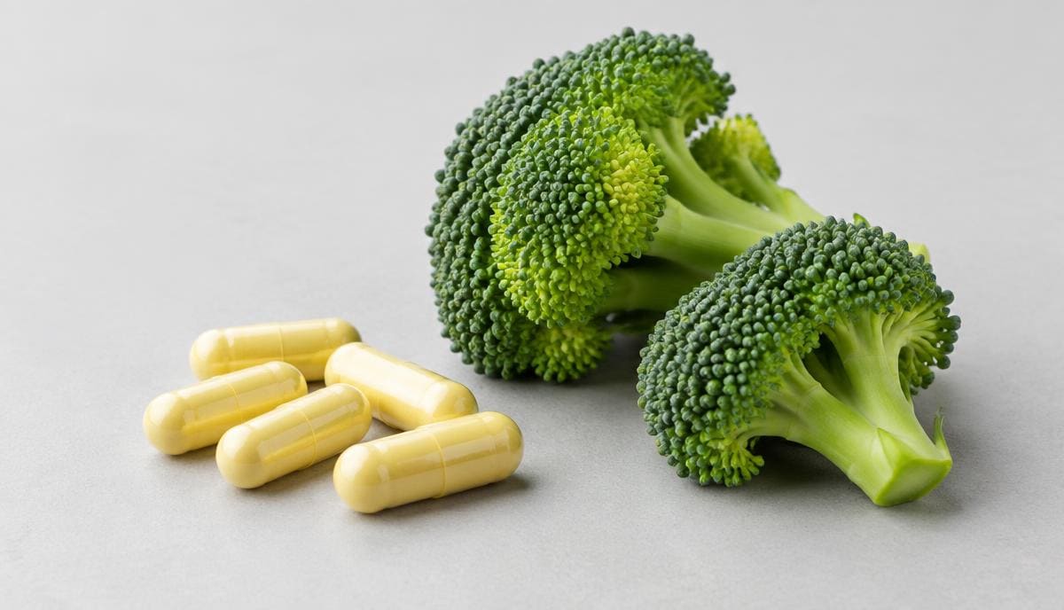 DoseRoutine Diindolylmethane Fresh broccoli florets beside off-white capsules