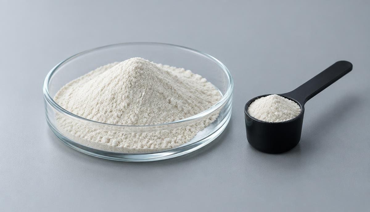 DoseRoutine Dynamine Pale Dynamine powder in a shallow glass dish beside a black scoop
