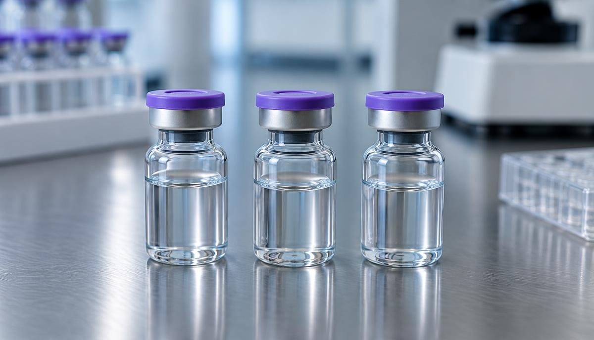 DoseRoutine Ecnoglutide Three purple-capped ecnoglutide research vials on a steel laboratory bench