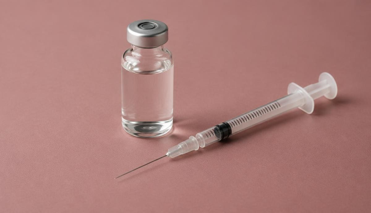 DoseRoutine Estradiol Valerate Glass ampoule of clear oil solution on a pale grey tray