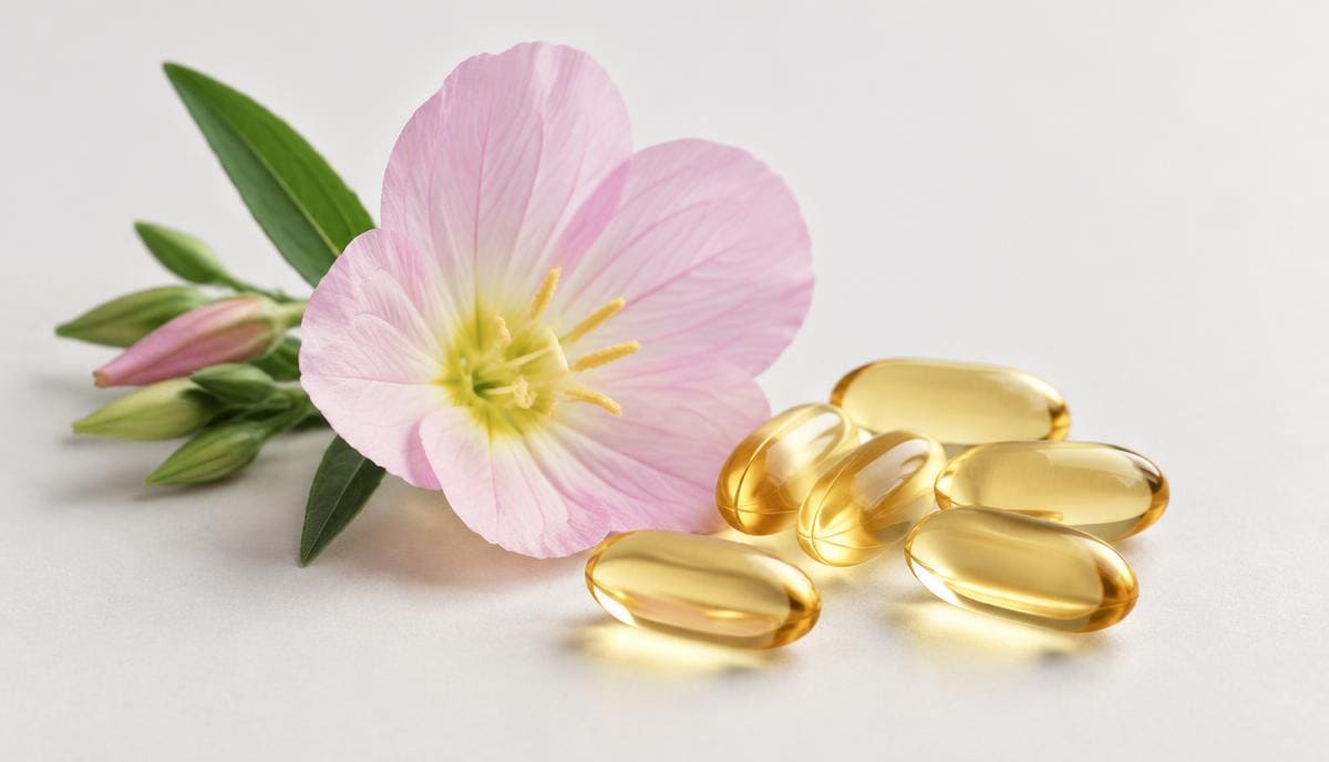 DoseRoutine Evening Primrose Oil Yellow primrose flowers beside golden softgel capsules