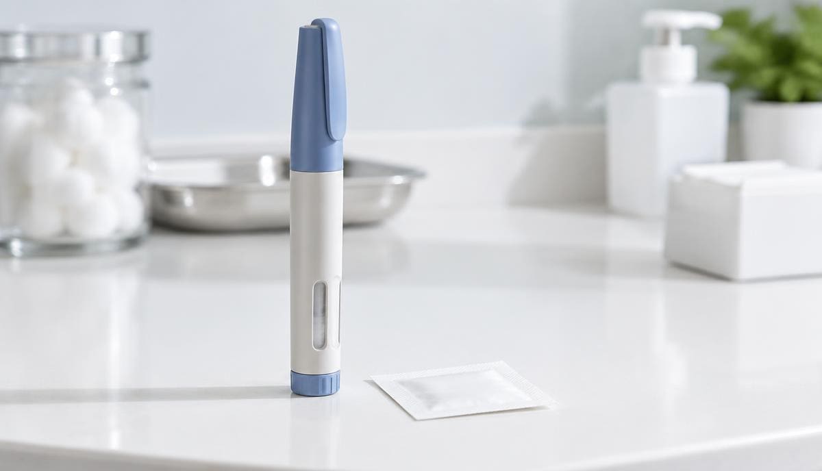 DoseRoutine Exenatide Exenatide injection pen standing upright beside an alcohol swab
