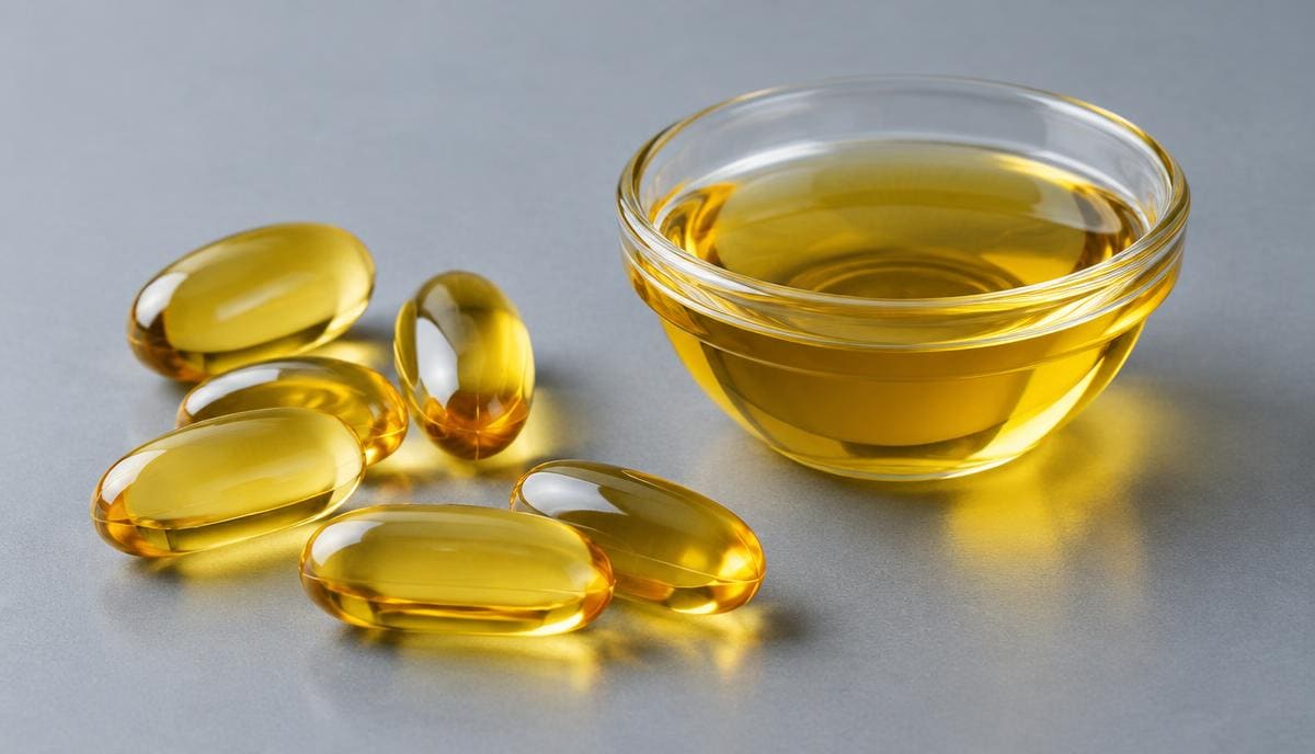 DoseRoutine Fish Oil (High EPA) Golden softgel capsules in a glass dish on a cool surface